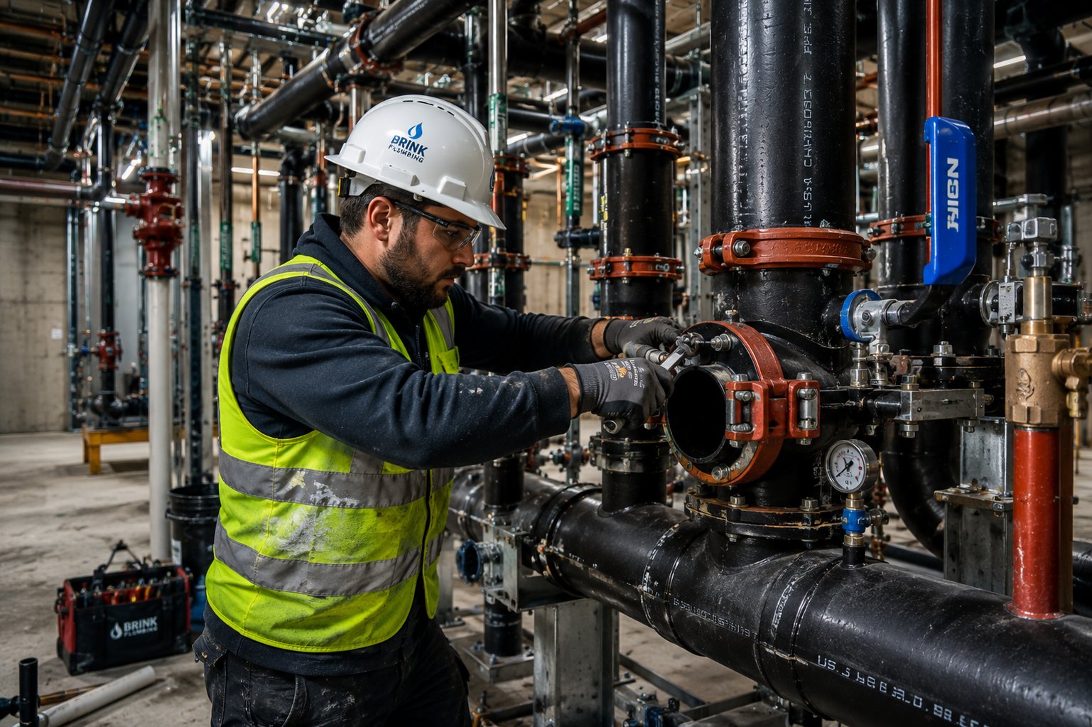 Brink Plumbing technician working on commercial piping in a mechanical room