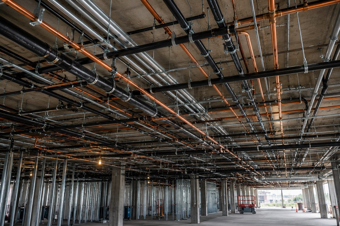 Overhead commercial plumbing rough-in on a construction floor